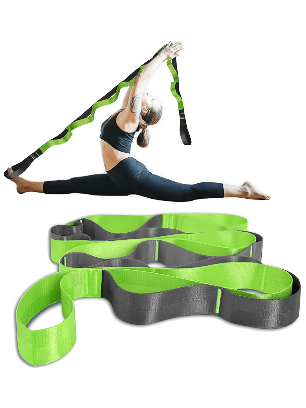 Enhance flexibility with a 12-loop yoga strap, perfect for Pilates, dance, and therapy stretching. Non-elastic design for gradual improvement.