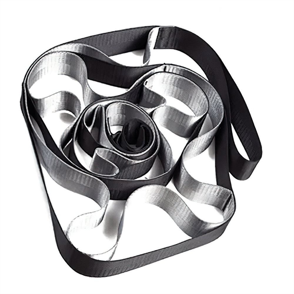 Black and silver 12-loop stretch strap for yoga, Pilates, and dance training, designed for enhancing flexibility and posture alignment.