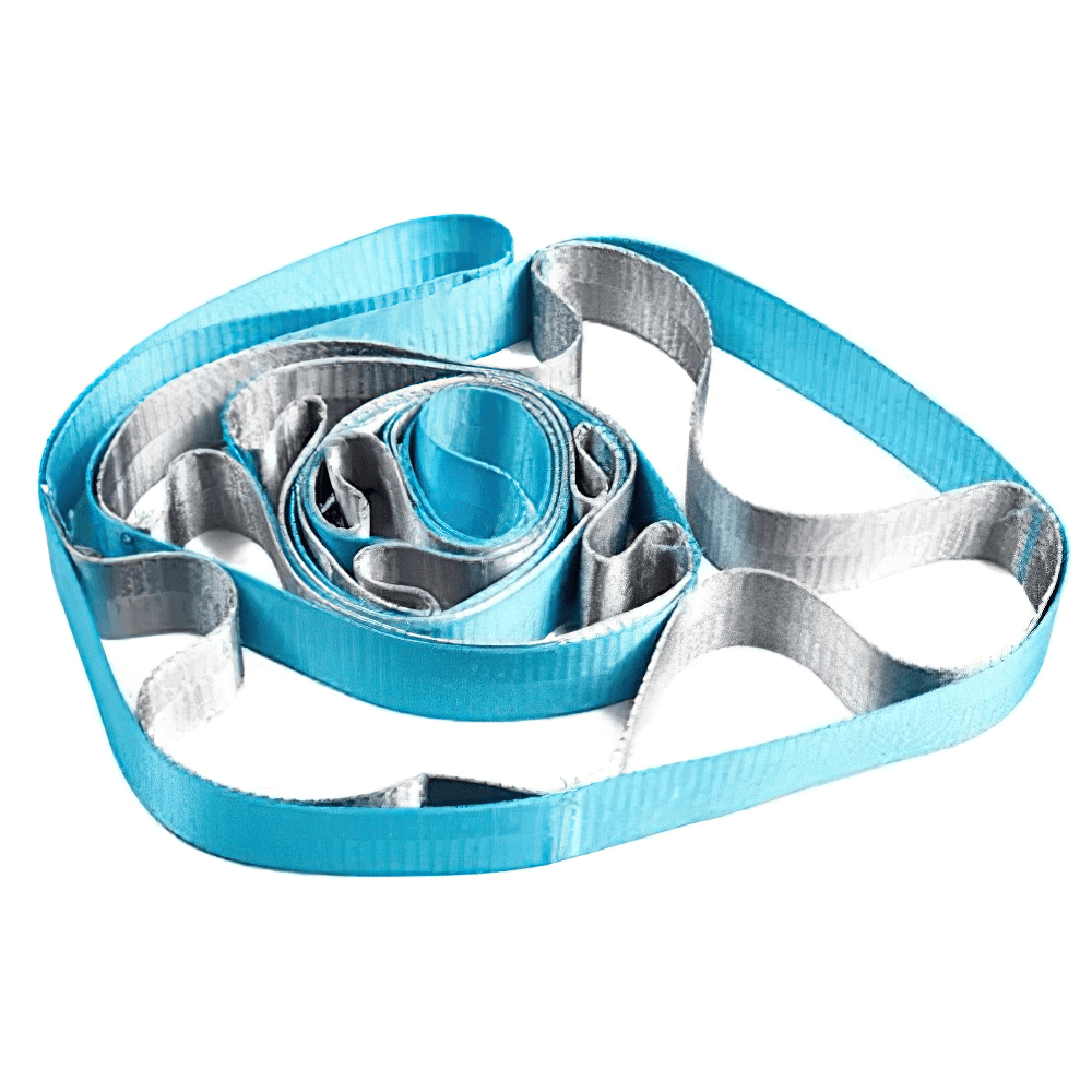 Non-elastic stretch strap with 12 loops for yoga, Pilates, and dance training, enhancing flexibility and posture, in blue and gray.