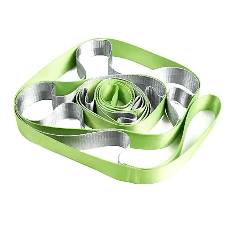 Green 12-loop non-elastic stretch strap for yoga, Pilates, and dance, enhancing flexibility and mobility.