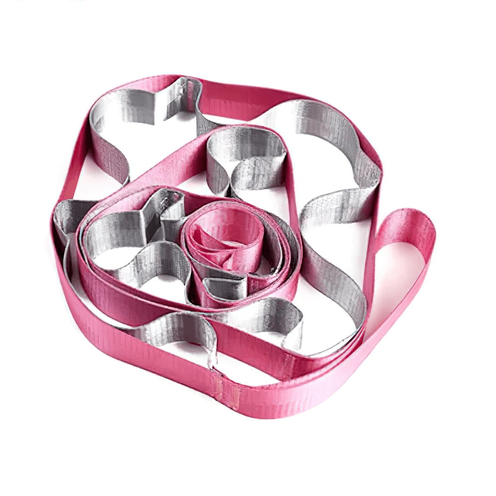 Pink and gray 12-loop non-elastic Pilates and yoga strap for improved flexibility and posture alignment, great for dance training.