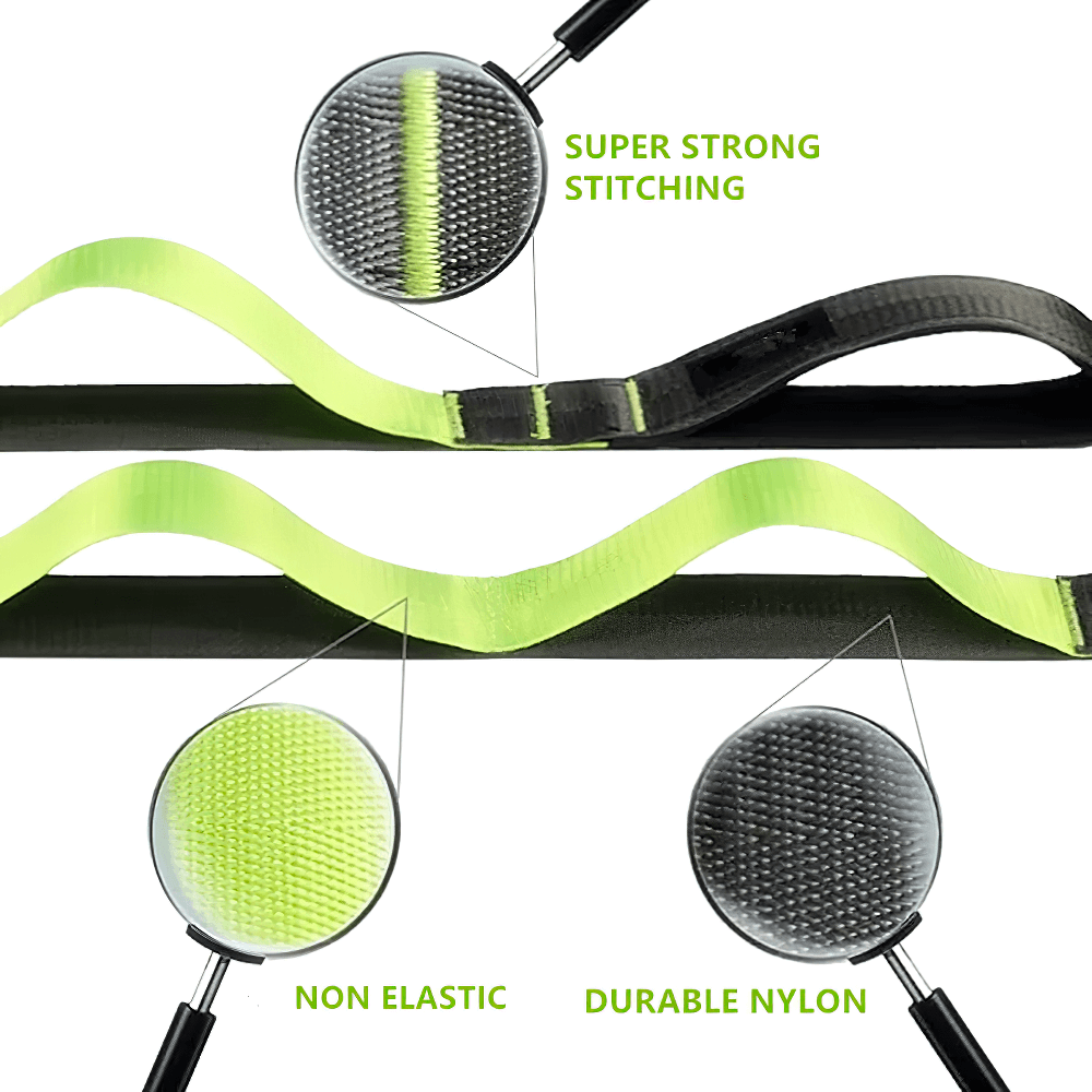 Close-up of non-elastic yoga strap with 12 loops, highlighting super strong stitching and durable nylon for stretching and flexibility.