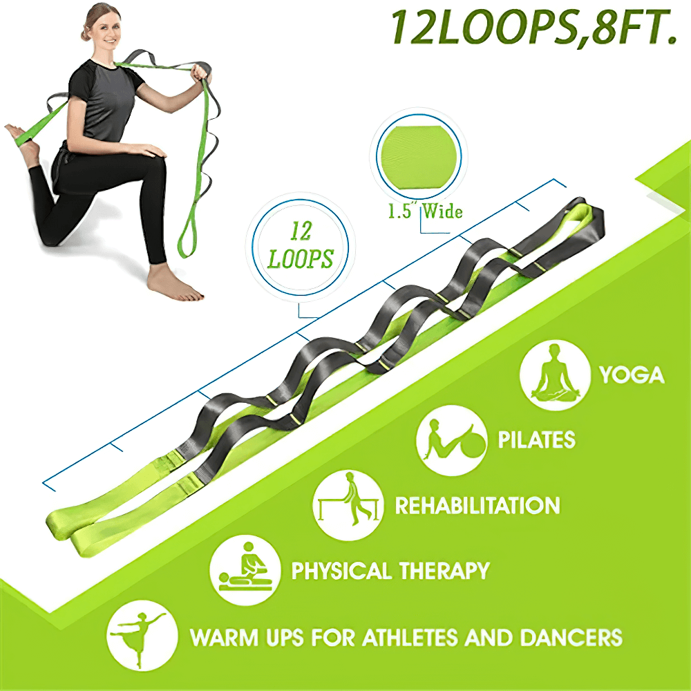 Yoga strap with 12 loops for Pilates and dance; supports stretching, balance, and flexibility. Ideal for physical therapy.