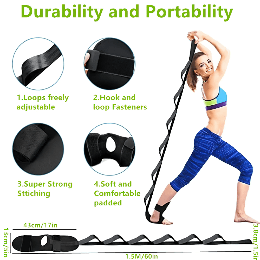 Woman stretching with a 12-loop non-elastic Pilates band for flexibility and strength, showcasing durability and portability features.