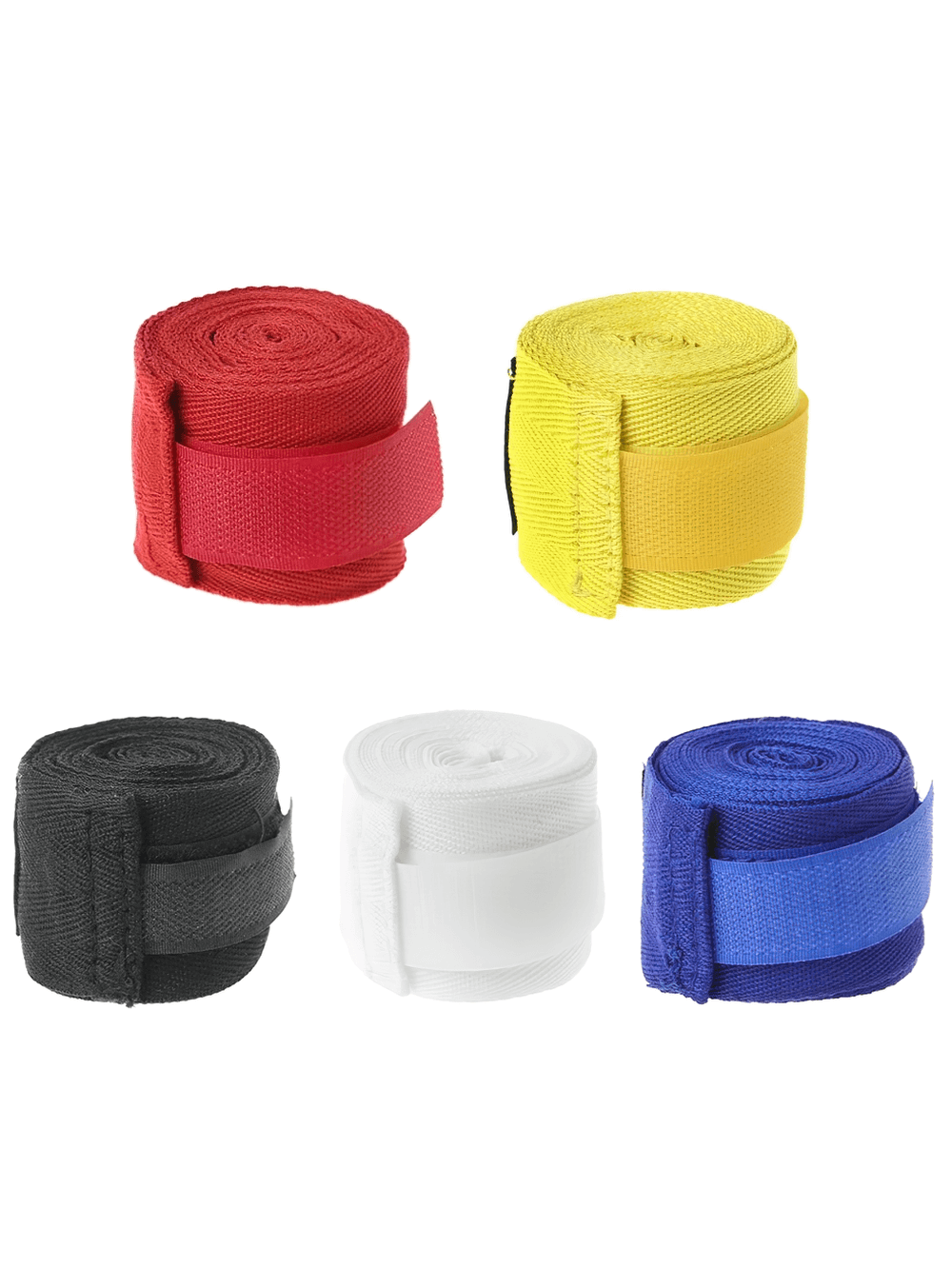Colorful boxing hand wraps for wrist support, including red, yellow, black, white, and blue. Ideal for combat sports and training.