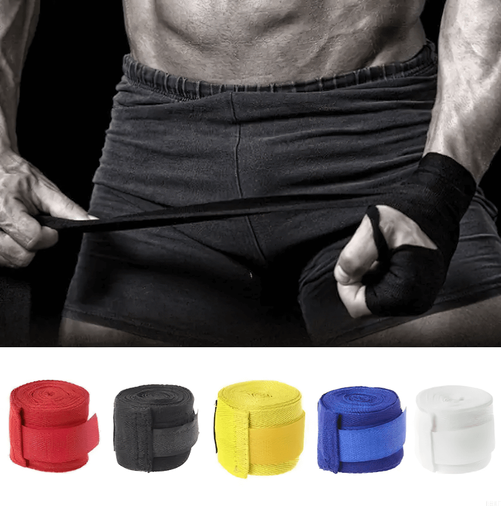 Man wrapping hands with stretchable boxing wraps in assorted colors, perfect for wrist protection during combat sports training.