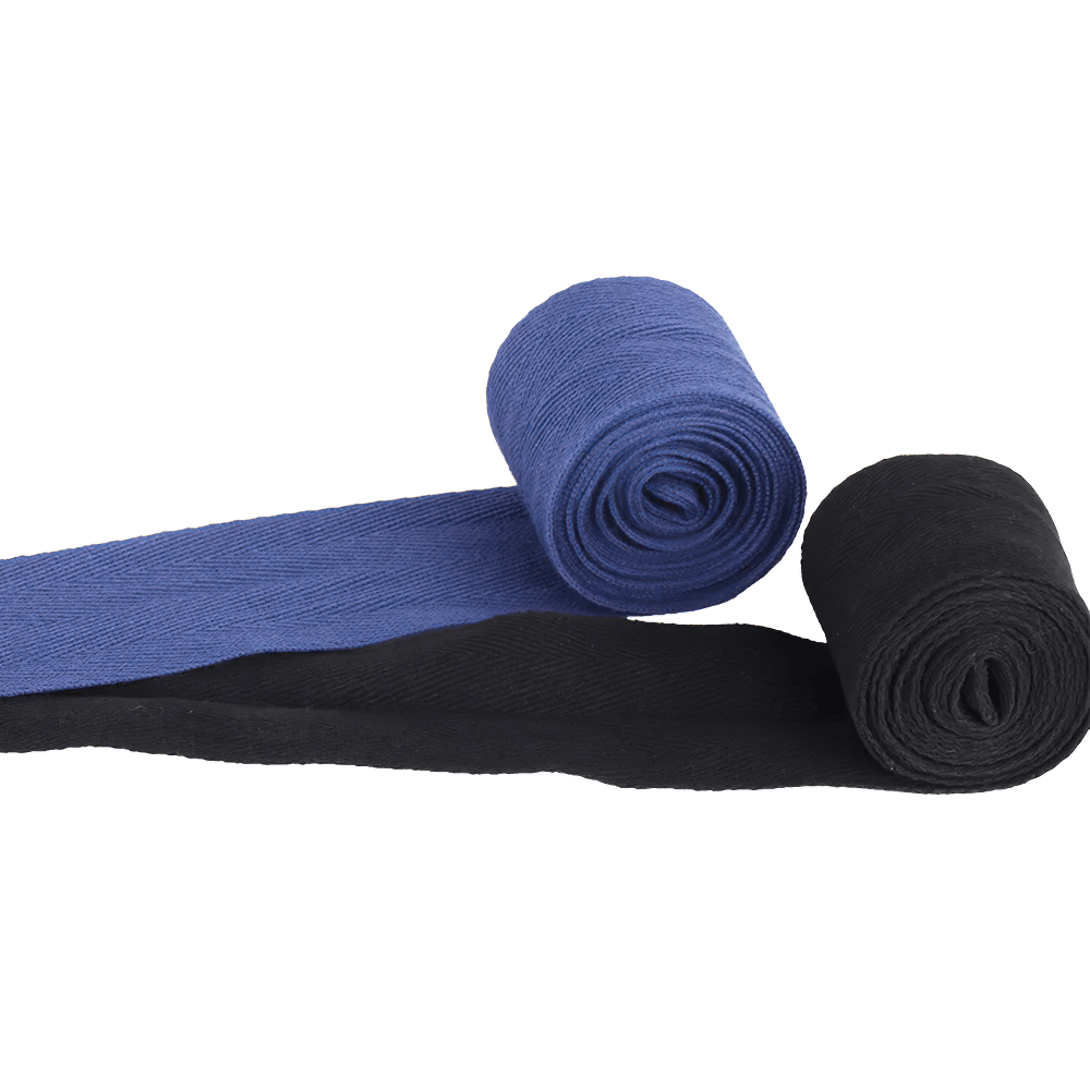 Blue and black stretchable boxing hand wraps for secure wrist support, ideal for boxing, kickboxing, and MMA training.