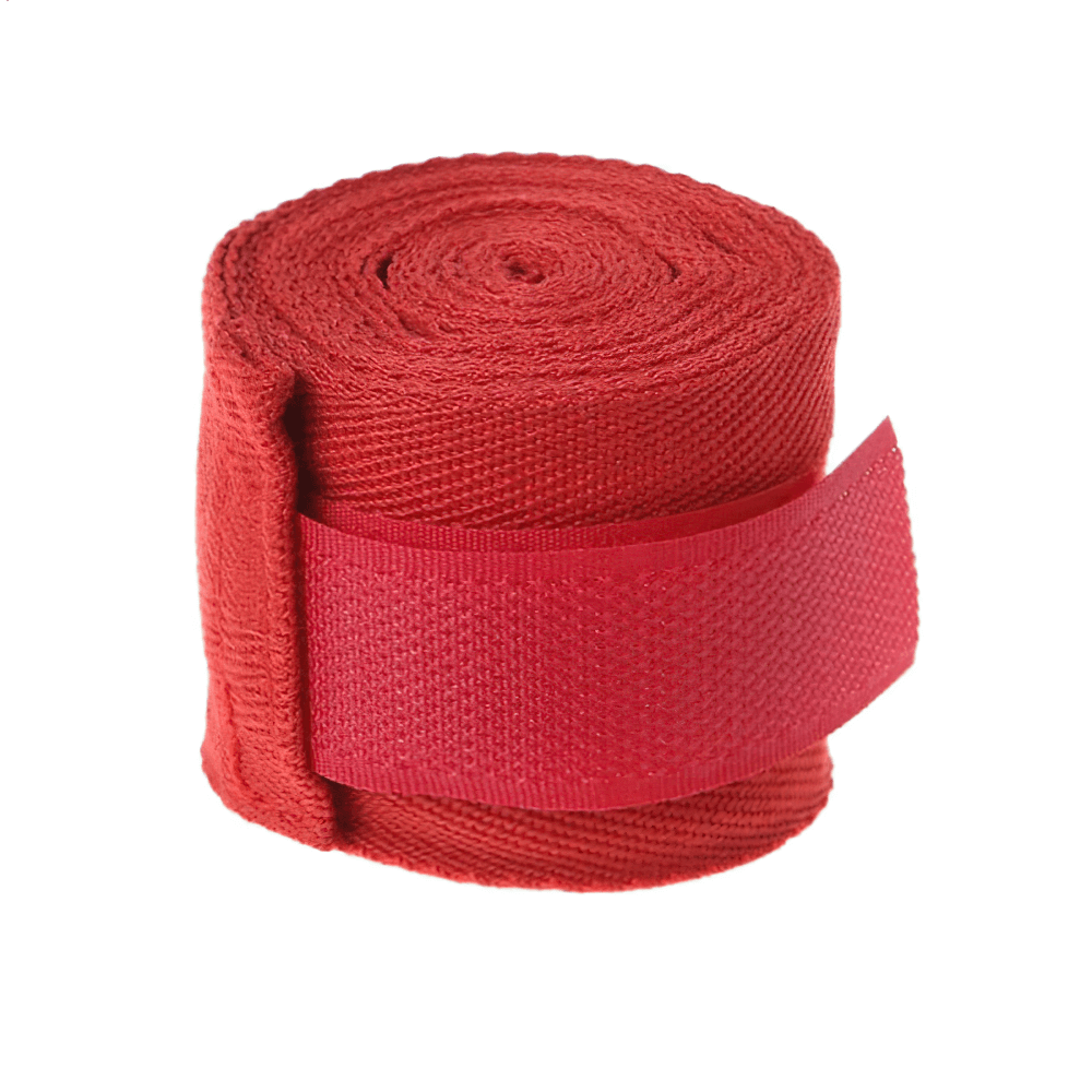 Red stretchable boxing hand wrap SF3089 for wrist protection and support during training, made from durable cotton fabric.