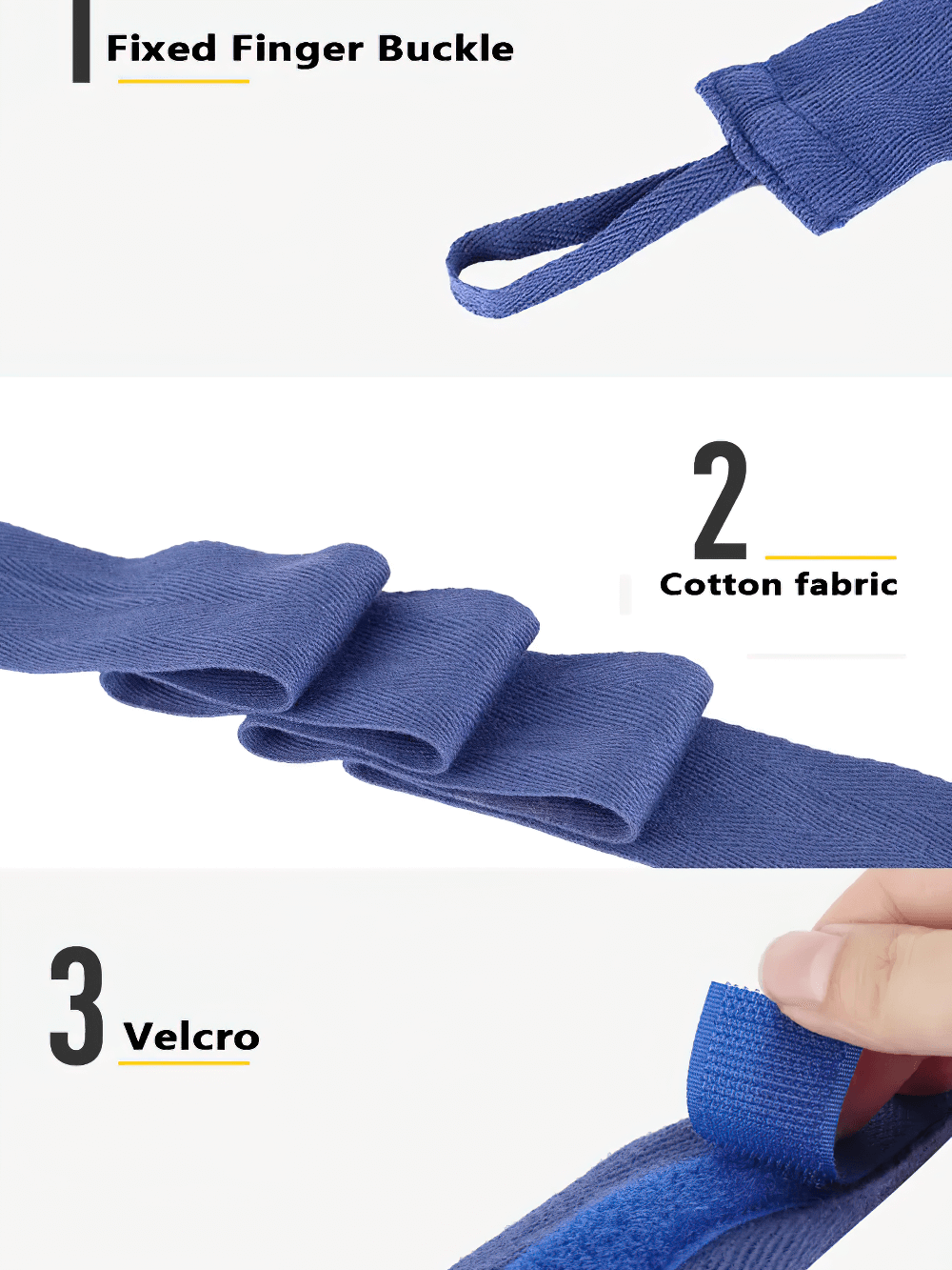 Blue stretchable boxing hand wraps featuring a fixed finger buckle, durable cotton fabric, and Velcro closure for secure wrist support.