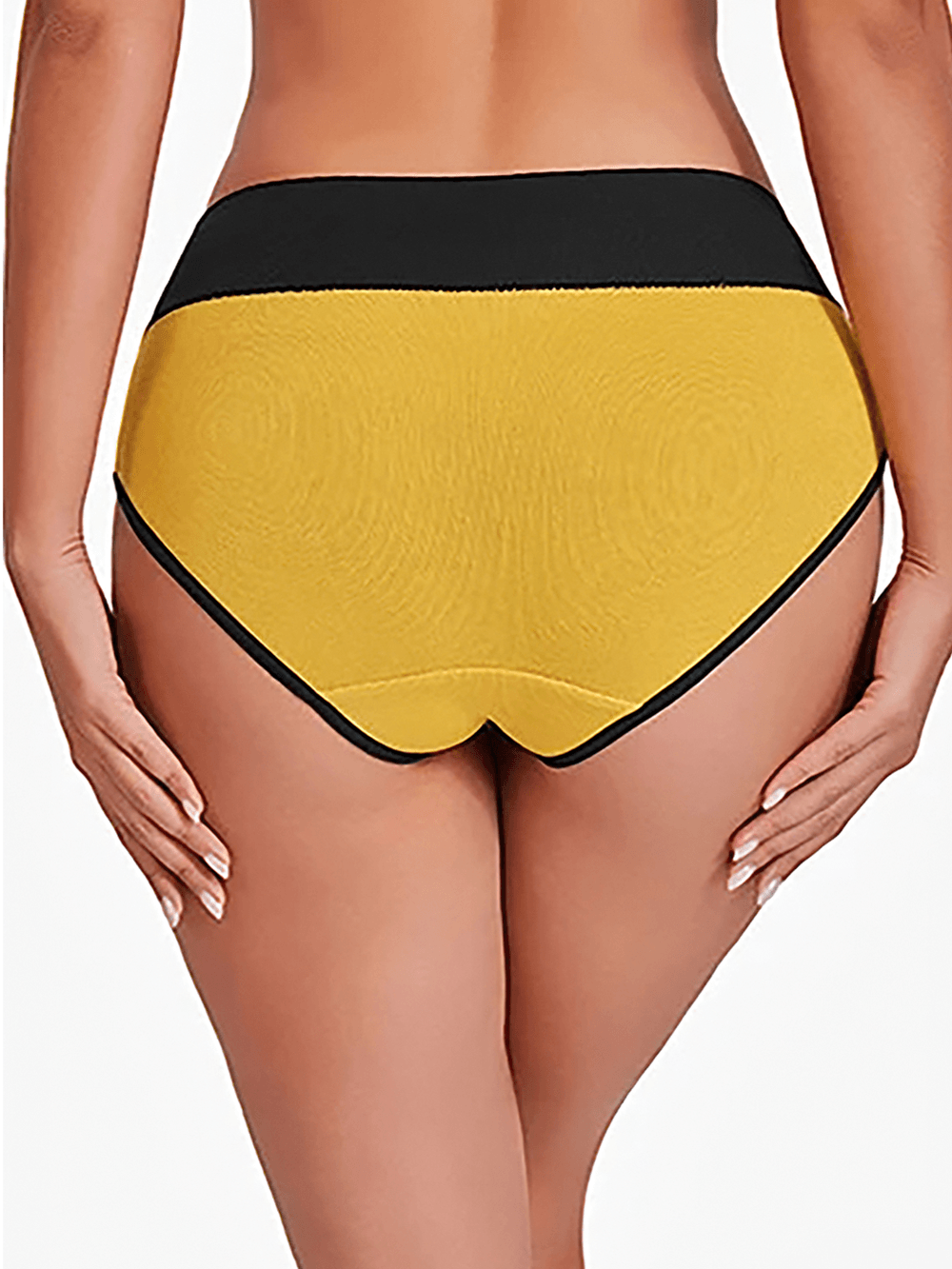 Stretchy Color Block Mid Waist Briefs for Women - SF4666 with yellow fabric and black waistband from the back view.
