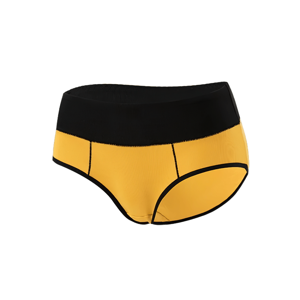 Stretchy Color Block Mid Waist Briefs for Women - SF4666 with bold yellow design and black waistband.