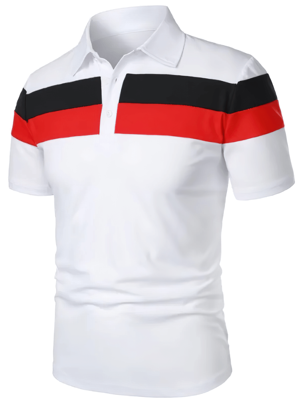 Alt Tag: Striped Contrast Collar Golf T-Shirt With Buttons - SF4347 white polo with red and black stripes, short sleeves, button placket
