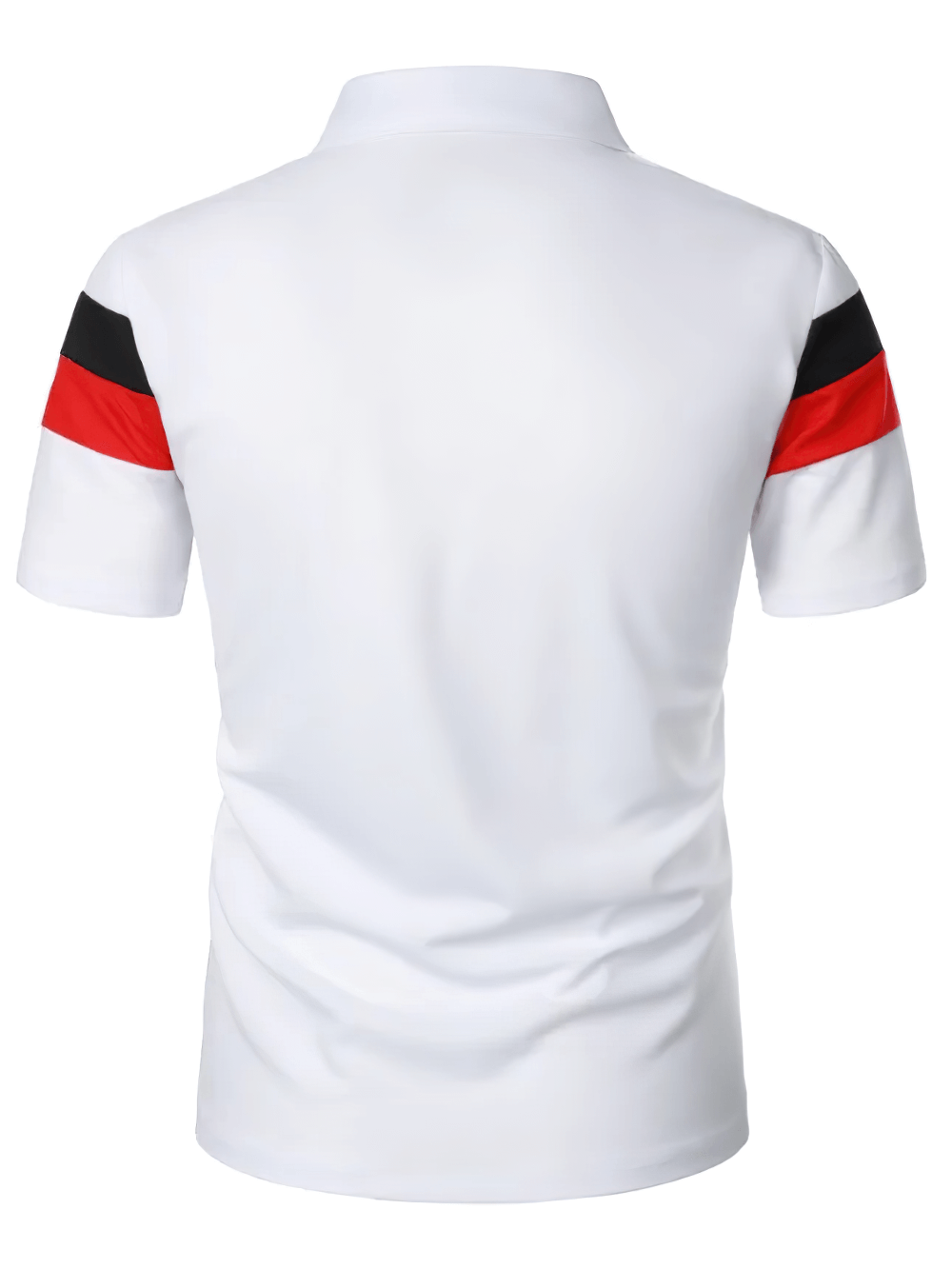 Alt Tag: Striped Contrast Collar Golf T-Shirt With Buttons - SF4347 back view, white polo with red and black sleeve stripes