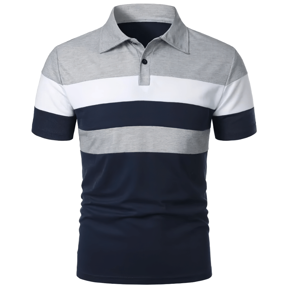Alt Tag: Striped Contrast Collar Golf T-Shirt With Buttons - SF4347 men’s striped color block polo with buttons, short sleeves, contrast collar