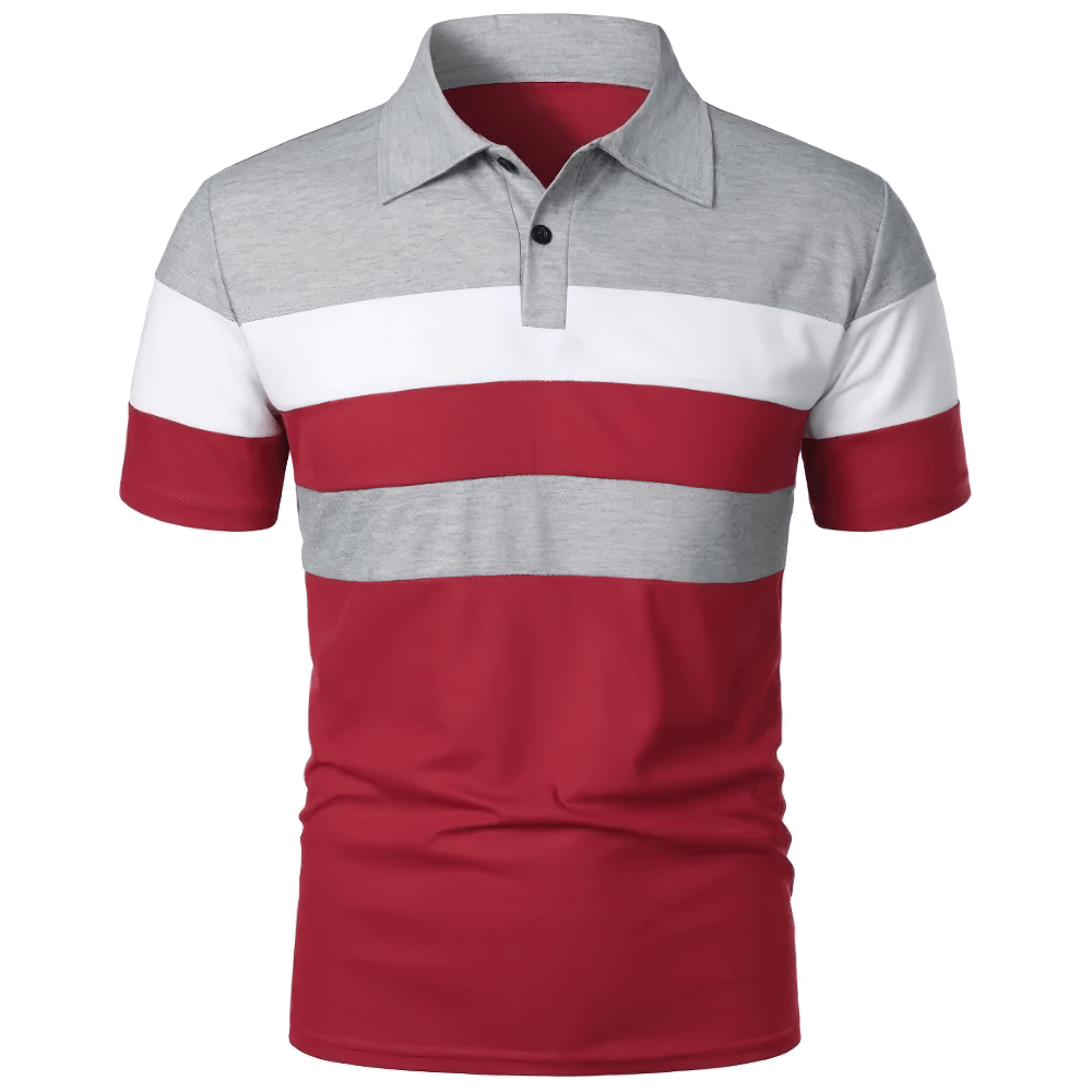 Alt Tag: Striped Contrast Collar Golf T-Shirt With Buttons - SF4347 men's color block polo, red gray white stripes, short sleeves, button placket