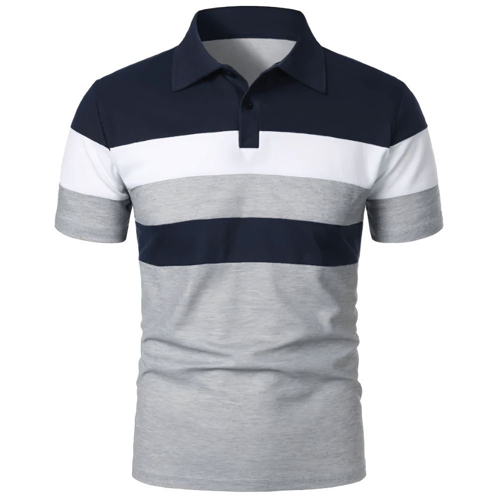 Alt Tag: Striped Contrast Collar Golf T-Shirt With Buttons - SF4347 men's color block polo, navy white gray stripes, short sleeves, button placket