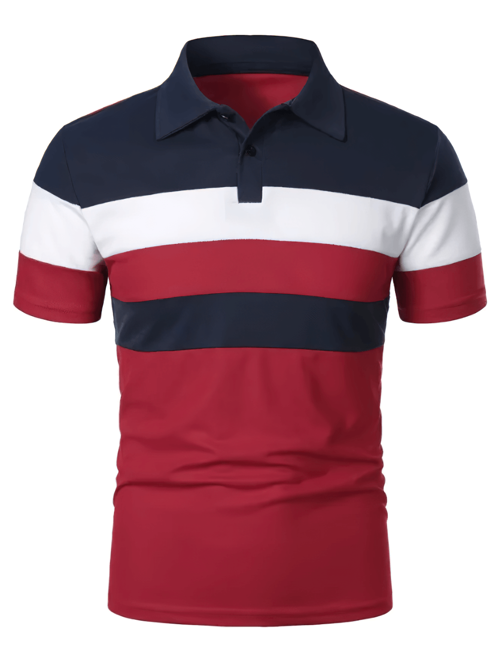 Alt Tag: Striped Contrast Collar Golf T-Shirt With Buttons - SF4347 men’s color block polo, navy red white stripes, short sleeves, button placket