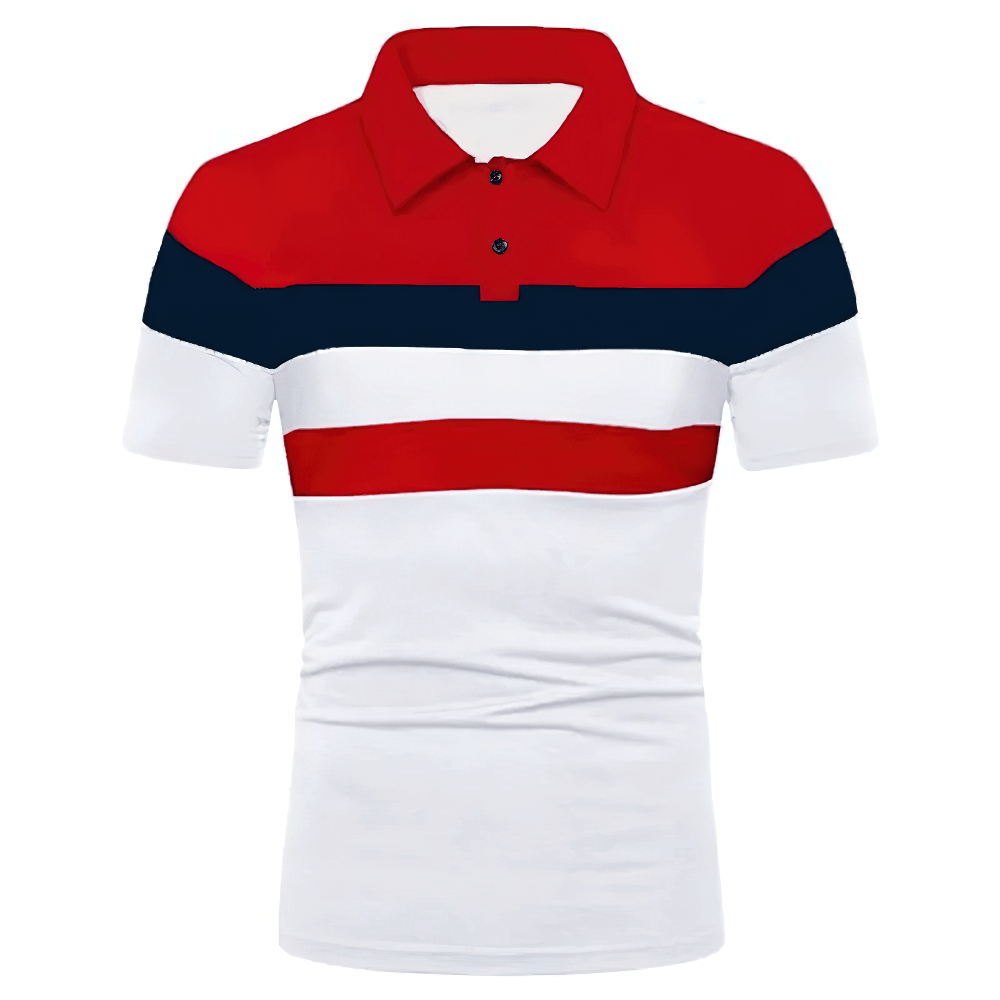 Alt Tag: Striped Contrast Collar Golf T-Shirt With Buttons - SF4347 red navy white striped color block polo with buttons, short sleeves