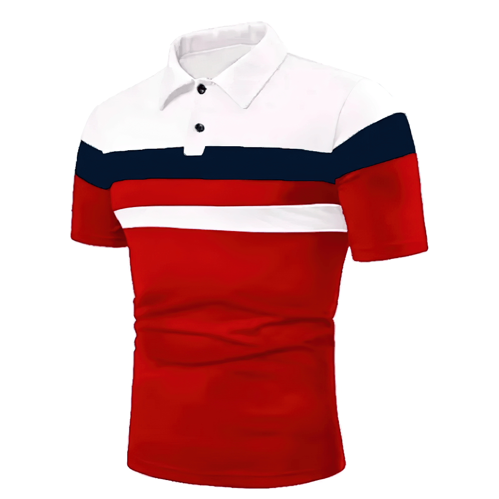 Alt Tag: Striped Contrast Collar Golf T-Shirt With Buttons - SF4347 men's color block striped polo, short sleeves, contrast collar, red navy white