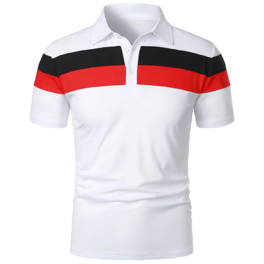 Alt Tag: Striped Contrast Collar Golf T-Shirt With Buttons - SF4347 men’s white polo with black and red stripe color block, short sleeves