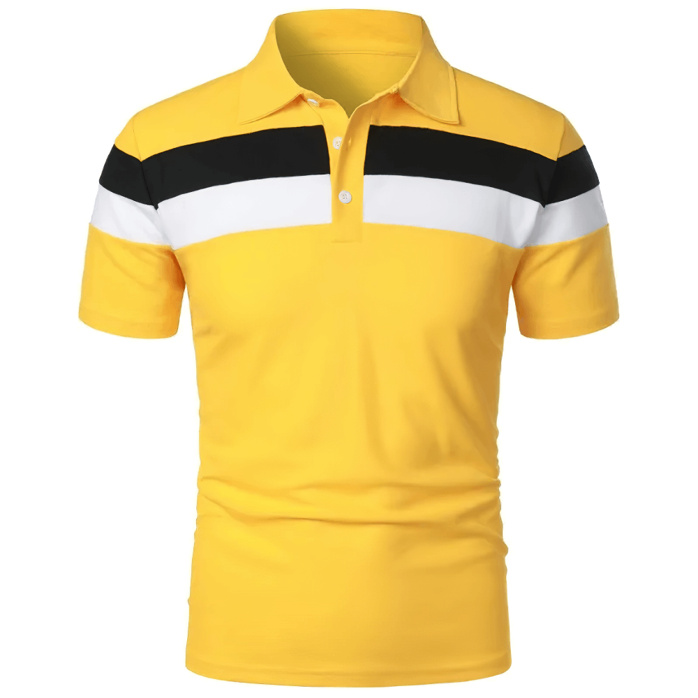 Alt Tag: Striped Contrast Collar Golf T-Shirt With Buttons - SF4347 yellow color-block striped polo with contrast collar and buttons