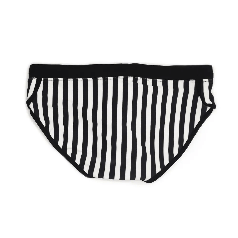 Men's zebra stripe swim briefs, SF2181, black and white, quick-dry fabric, stylish beach or pool wear.
