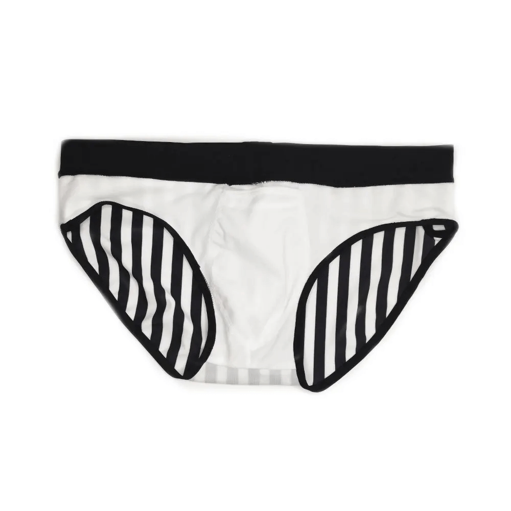 Men's zebra stripe swim briefs in black and white, featuring quick-dry fabric for all-day comfort. Perfect for beach or pool.