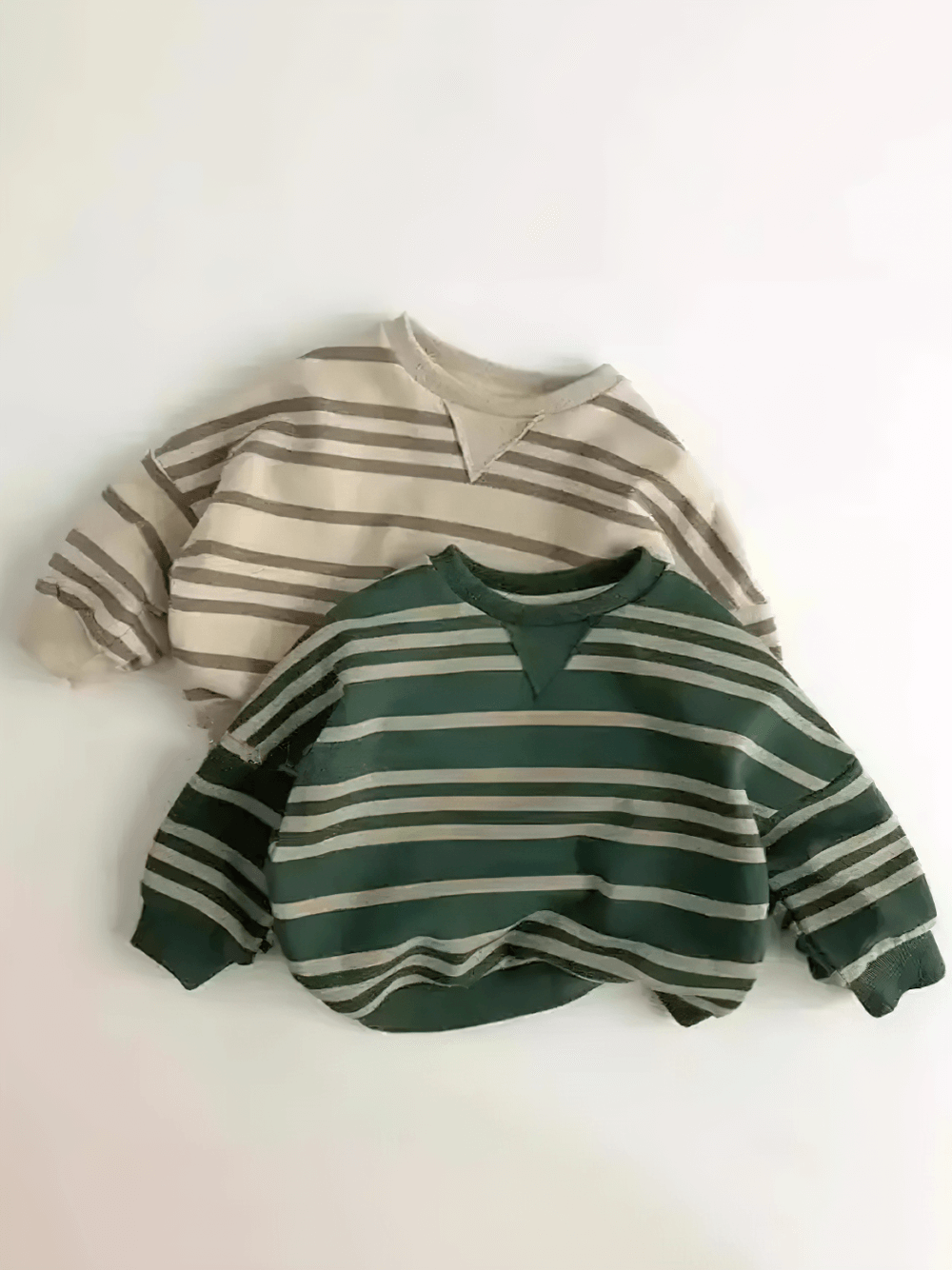 Stylish Kids Striped Sweatshirt with Ribbed Cuffs - SF3553 in neutral and green tones, perfect for casual wear. V-neck design shown.