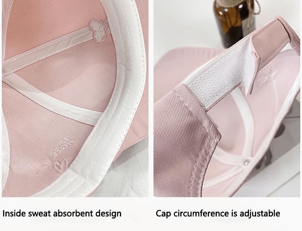 Inside view of a stylish pink baseball cap with sweat absorbent design and adjustable strap for a perfect fit.