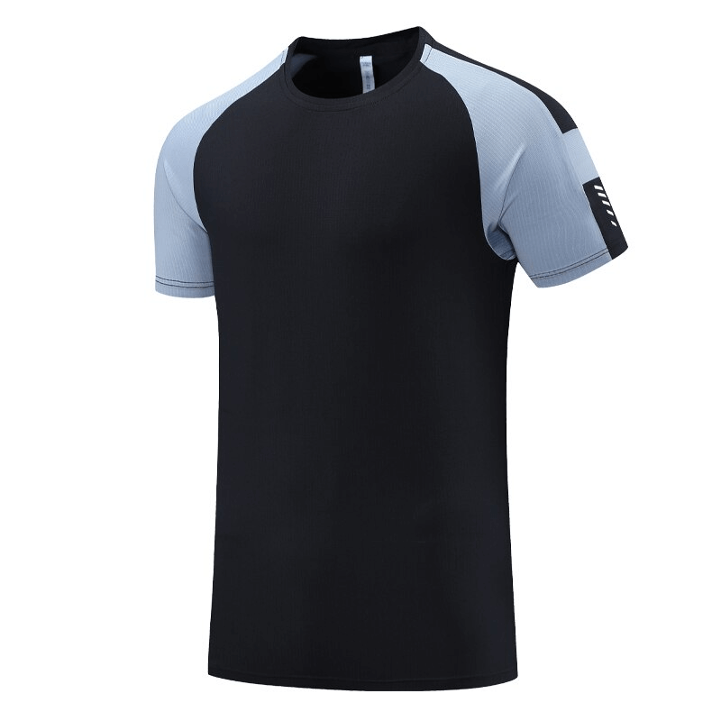 Stylish breathable quick-drying men's training t-shirt in black with light blue sleeves, perfect for running and workouts.