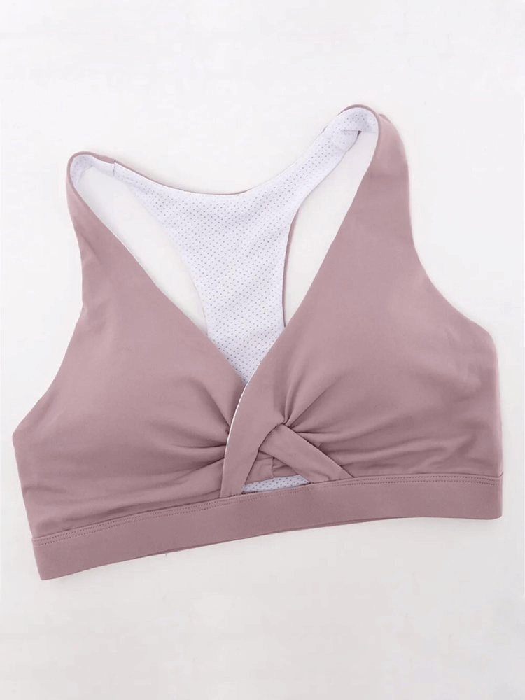 Stylish breathable women's sports bra SF1774 with woven front, perfect for yoga and running. Lightweight, breathable nylon material.