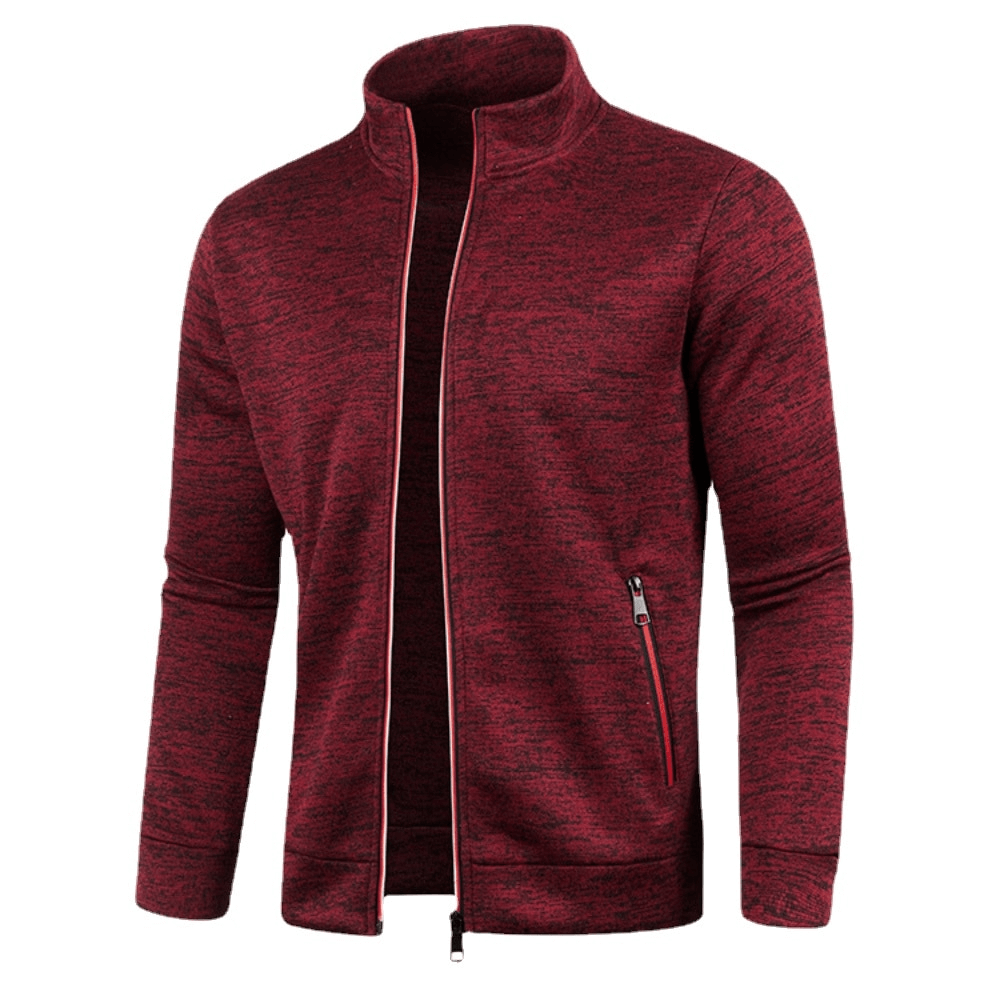 Stylish men's cashmere zipper sweatshirt in red with long sleeves and turtleneck collar, perfect for warmth and comfort.