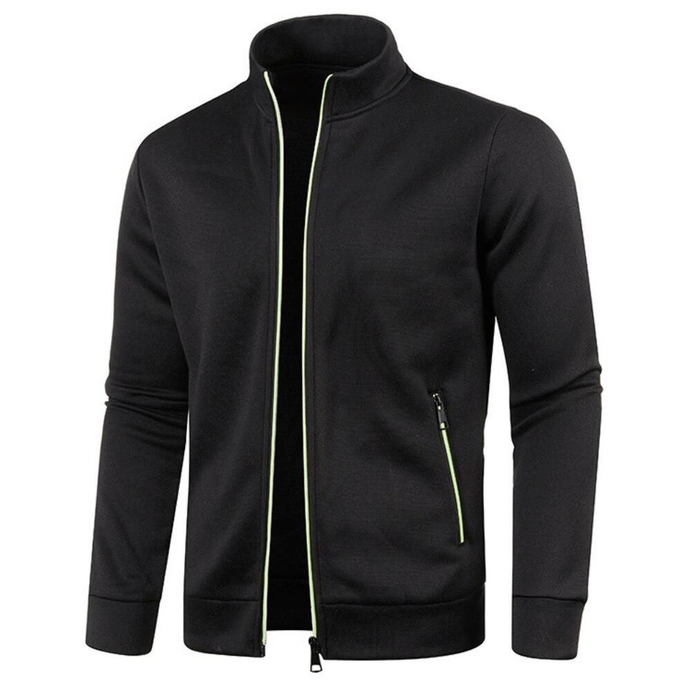 Stylish black cashmere men's long sleeve zipper sweatshirt with turtleneck and green accents, SF1553, perfect for warmth and comfort.