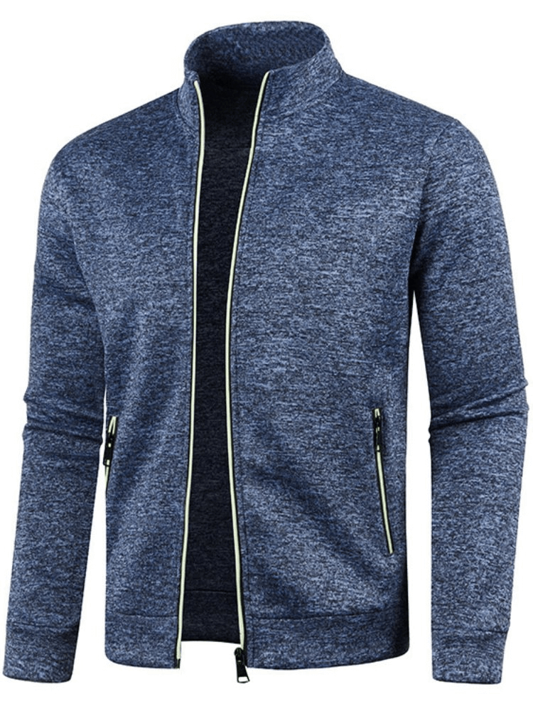 Stylish cashmere men's long-sleeve zipper sweatshirt in blue with turtleneck, perfect blend of comfort and style, ideal for any occasion.