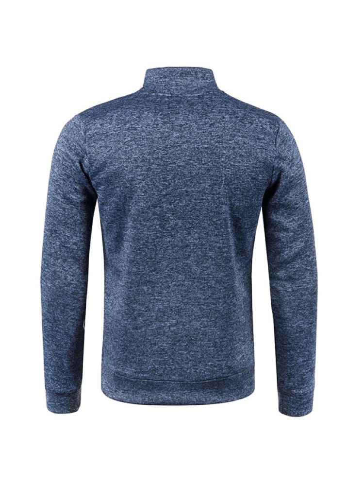 Back view of a stylish blue cashmere men's long sleeves zipper sweatshirt with turtleneck collar, perfect for warmth and style.