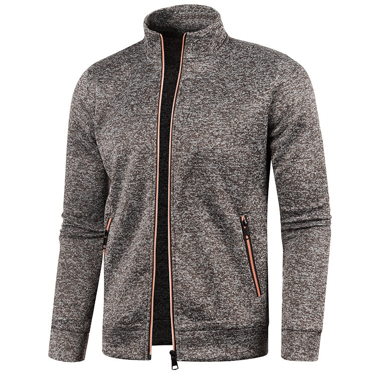 Stylish cashmere men's long sleeves zipper sweatshirt with turtleneck collar, perfect for comfort and style, in a marled fabric design.