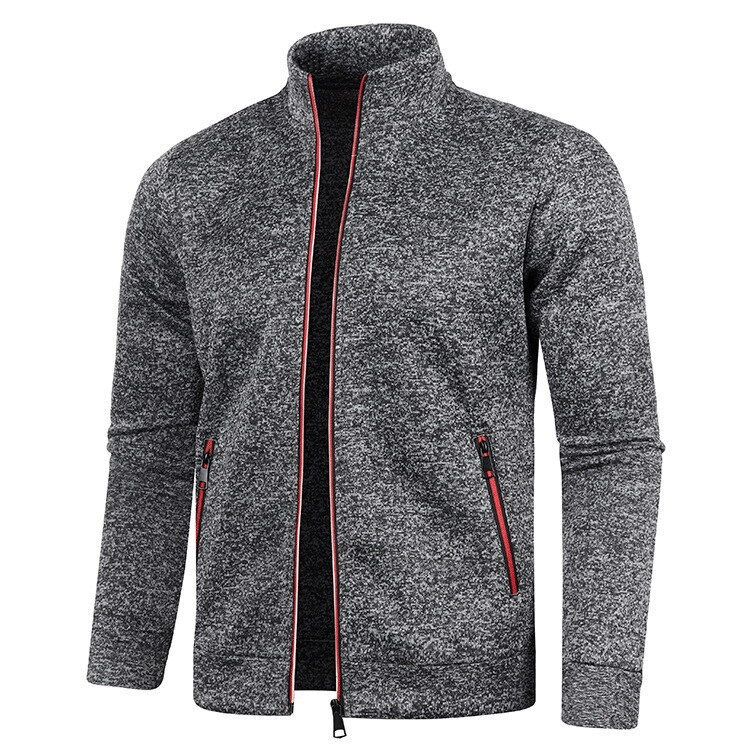Stylish cashmere men's long sleeves zipper sweatshirt, gray with red accents, featuring a turtleneck collar and cozy fit.