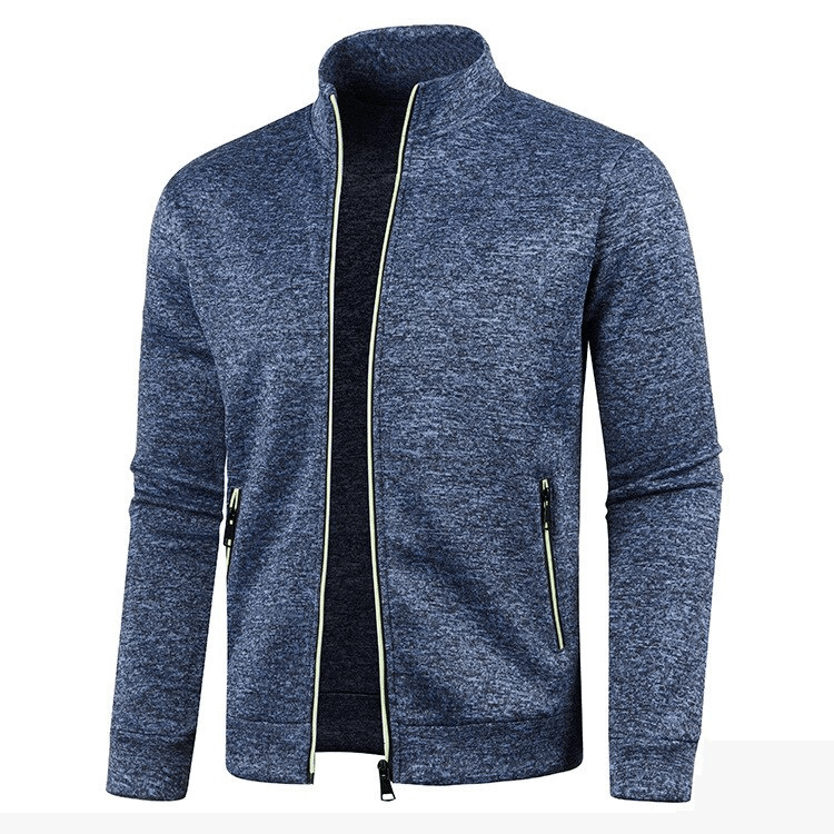 Stylish cashmere men's blue zip-up sweatshirt with long sleeves, featuring a turtleneck collar for comfort and style.
