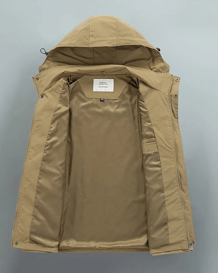 Open view of a stylish casual men's hooded windbreaker with a zipper, showcasing lightweight polyester fabric and convenient pockets.