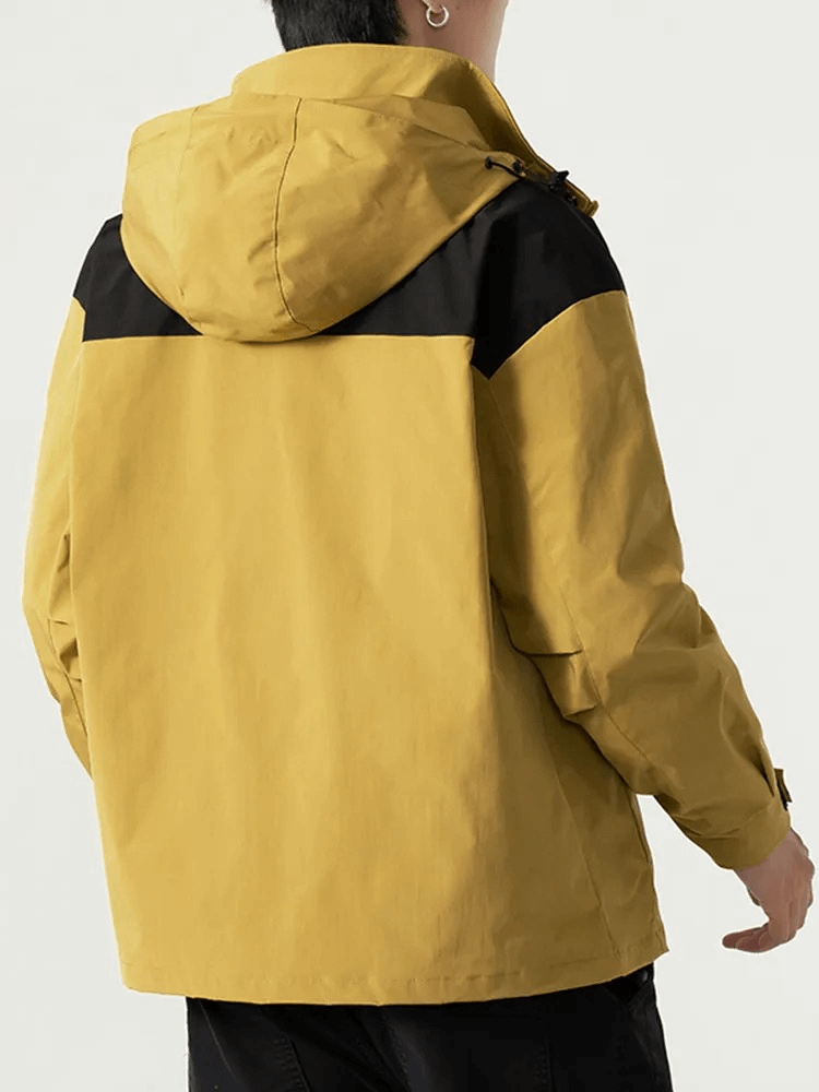Back view of a Stylish Casual Men's Hooded Windbreaker in yellow with black accents, perfect for active, on-the-go comfort.