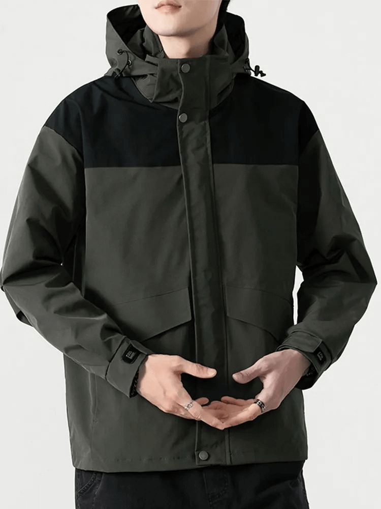 Stylish casual men's hooded black windbreaker with zipper, perfect for active men, feature pockets and cozy hood - Model SF1998.