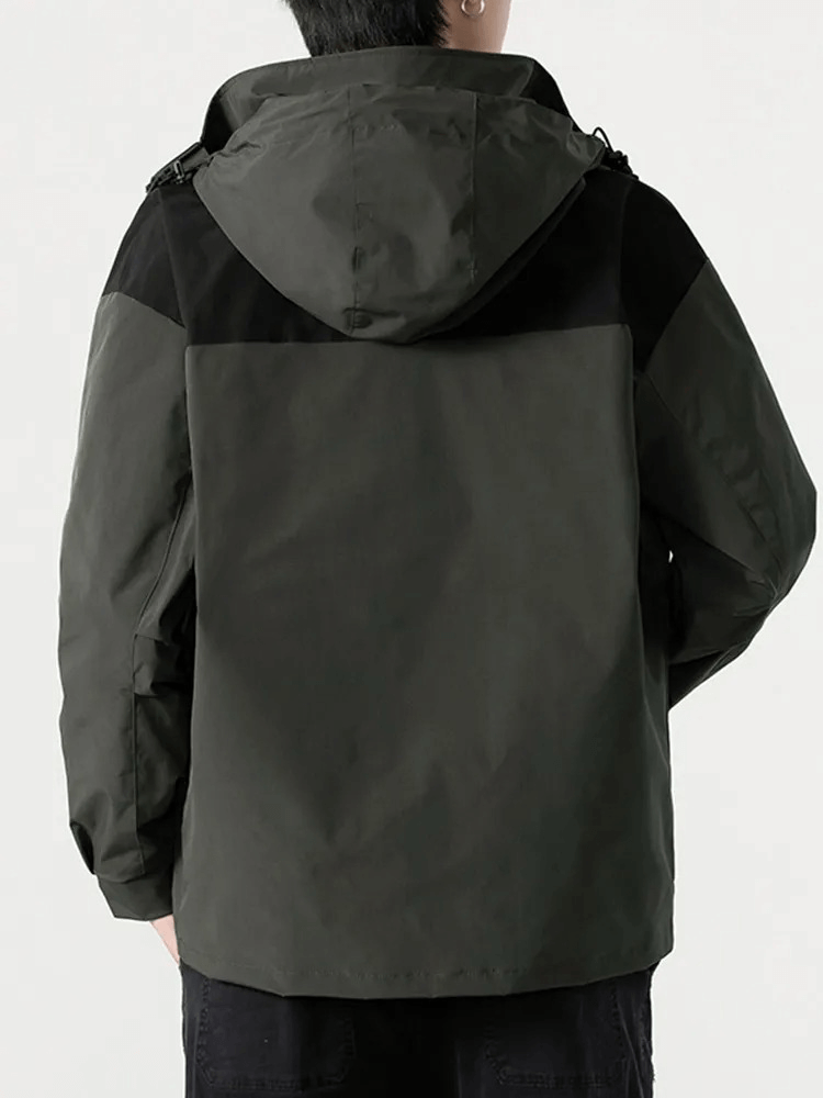 Back view of a men's stylish casual hooded windbreaker, featuring a durable design with a cozy hood and practical pockets.