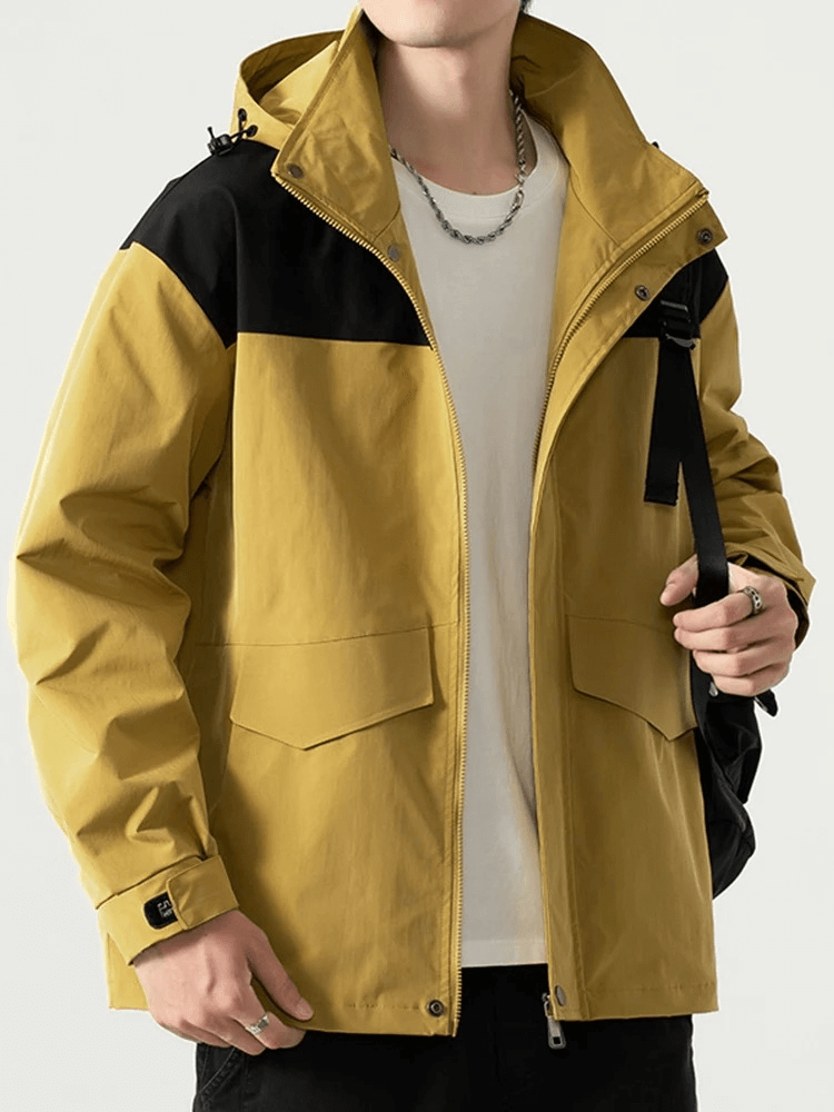 Stylish casual men's hooded windbreaker with zipper, yellow and black, regular fit, perfect for active lifestyles, SF1998 model.