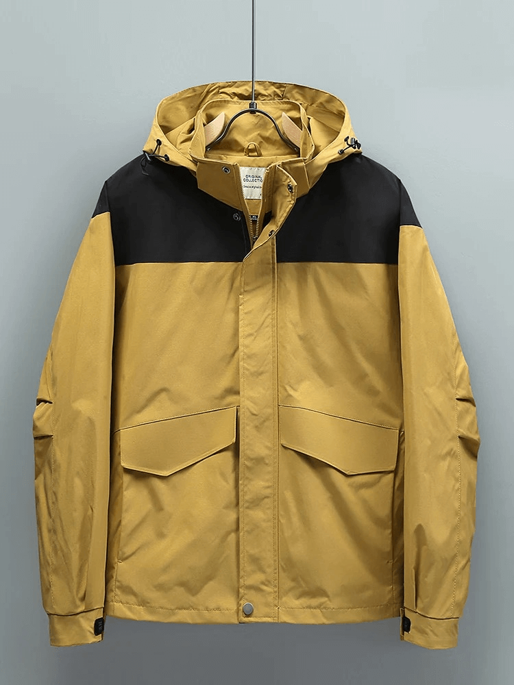 Men's stylish hooded windbreaker with zipper in yellow and black, lightweight polyester, perfect for active lifestyle. Model SF1998.