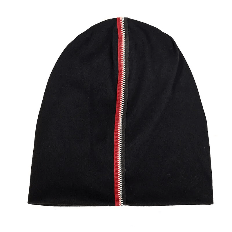 Black unisex cotton beanie with decorative red zipper, geometric pattern, and a snug one-size fit for 48-52cm head circumference.