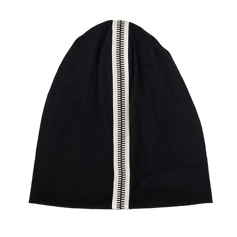 Stylish black cotton beanie with a decorative zipper and geometric pattern for unisex; fits 48-52cm head circumference, SF1718.