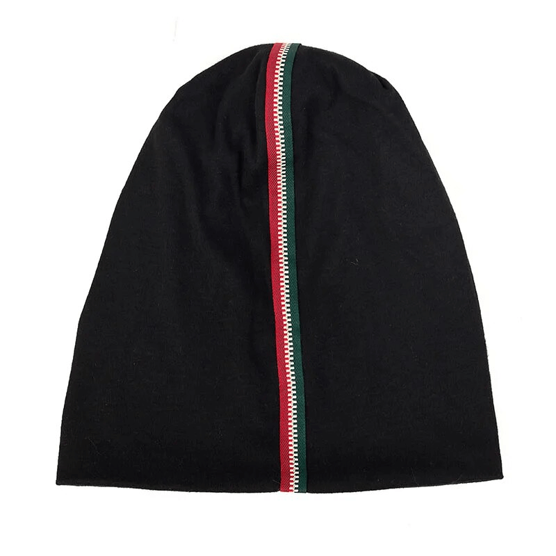 Stylish cotton soft beanie with decorative zipper and geometric pattern, unisex design, fits head circumferences 48-52cm.