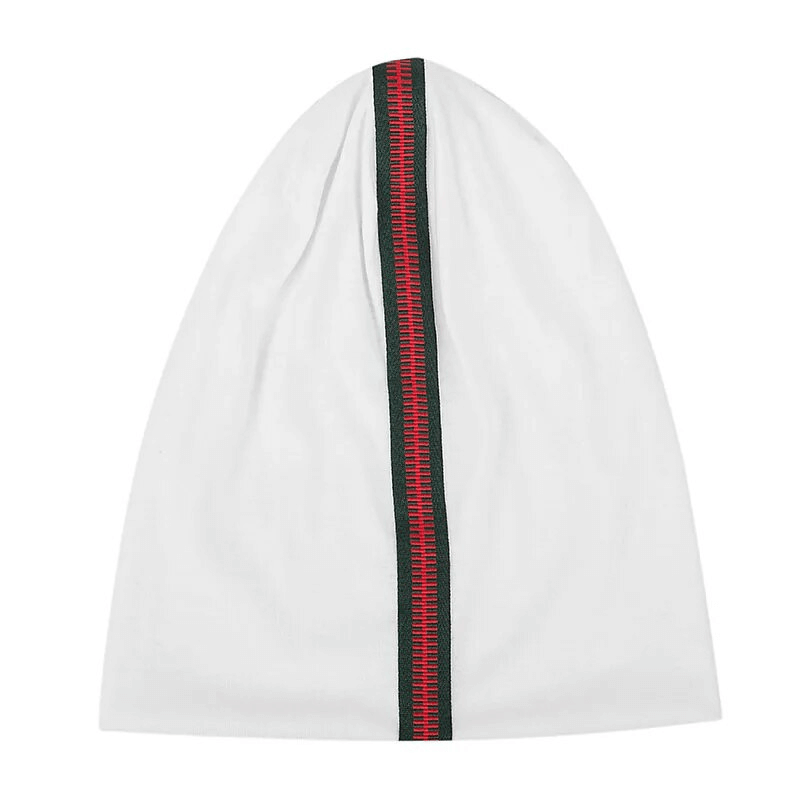 Stylish cotton soft beanie with decorative zipper in white, featuring geometric pattern, unisex design, one size fits head circumference 48-52cm