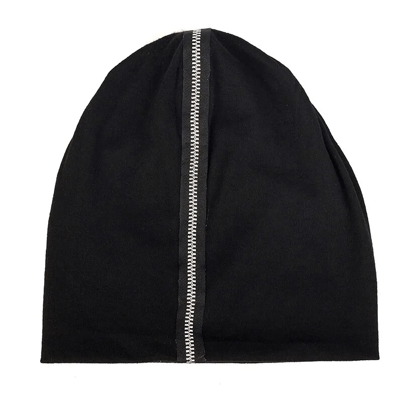 Black cotton beanie with decorative zipper, unisex design for warmth and style. Fits head sizes 48-52cm. Perfect for any weather.