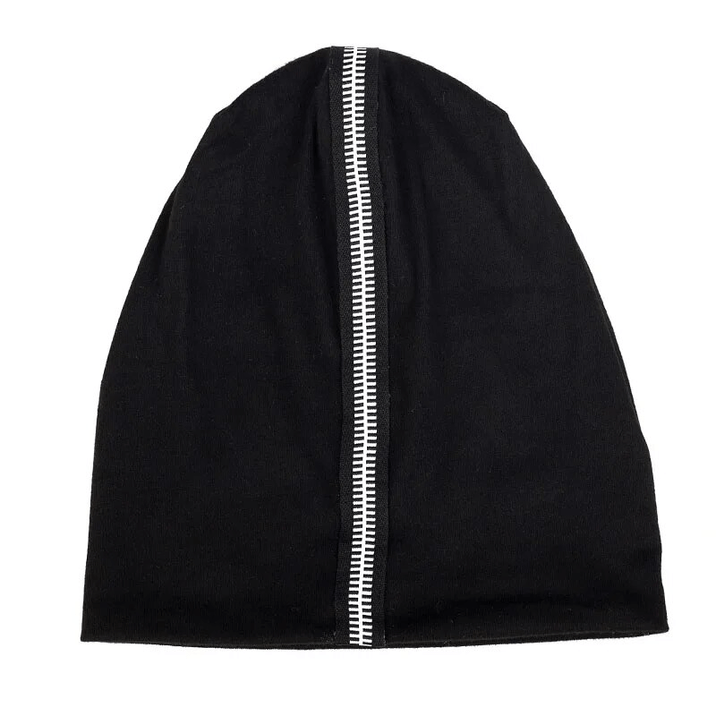 Stylish black cotton beanie with decorative zipper, unisex design, fits head size 48-52cm; perfect blend of style and warmth.